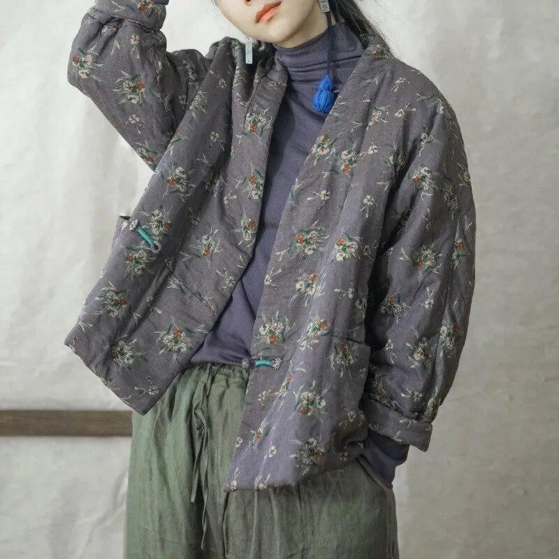 Johnature Dámské Vintage potisk květinové bavlněné parky s výstřihem do V, dlouhým rukávem, knoflíky, zimní kabáty v čínském stylu, teplé parky