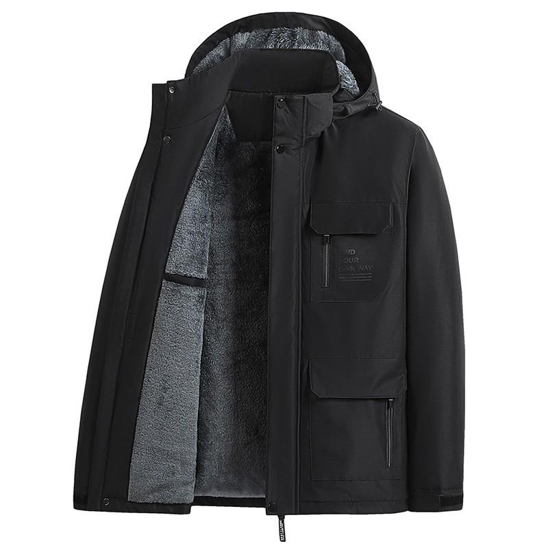Vinter för män utomhus Vindtät vattentät Cargojacka med huva Varm jacka med flera fickor Avtagbar keps Vadderad jacka