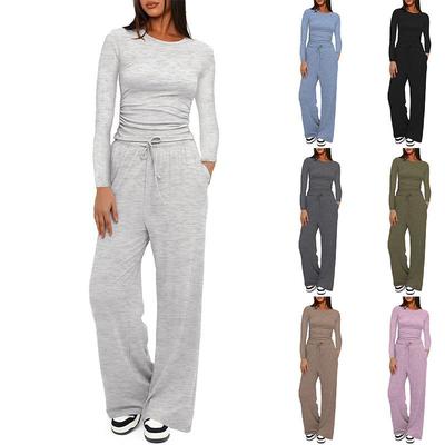 Ensemble de Sport Haut Décontracté Uni à Manches Longues et Pantalon Large Taille Haute