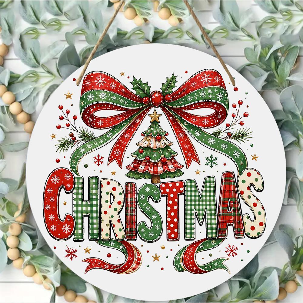 Festive plaid Christmas tree printed round wooden hanging plaque natural wood sign wall door decor indoor home holiday party ornament decoration