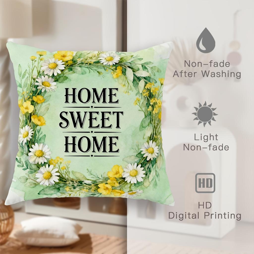 Spring Flower Home Sweet Home Pillow Covers Green Yellow Pattern Cushion Covers For Sofa Living Room Bedroom Home Decorations