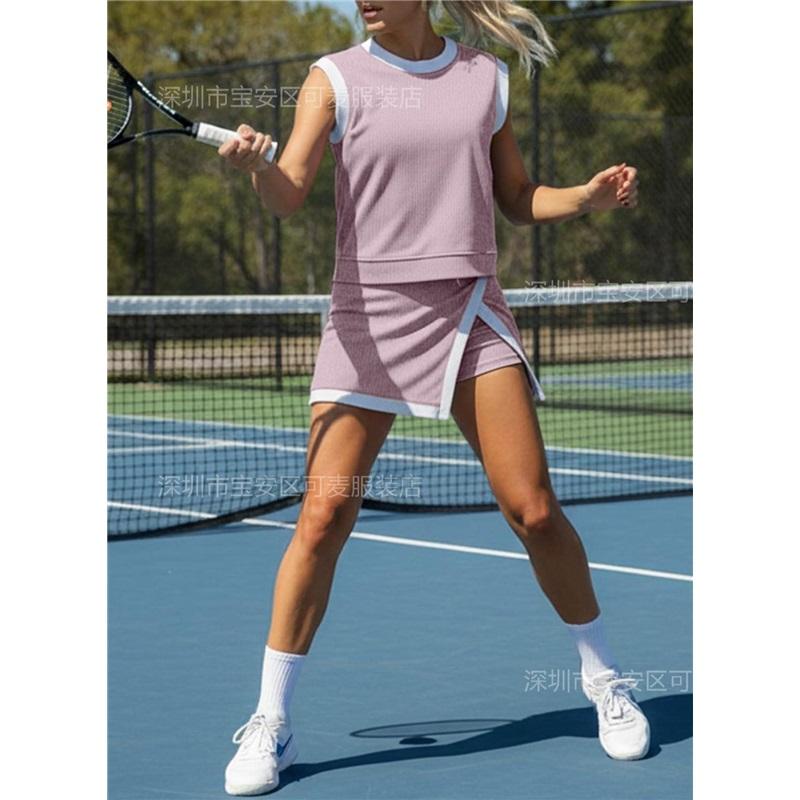  Women's Ribbed Knit 2-Piece Set Sleeveless Tank Top + Split Skort Shorts Outfit
