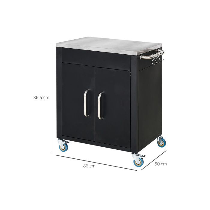 HOMCOM Chariot de cuisine sur roulettes Chariot avec placard et crochets Poignée en acier inoxydable Noir 86x50x86,5 cm