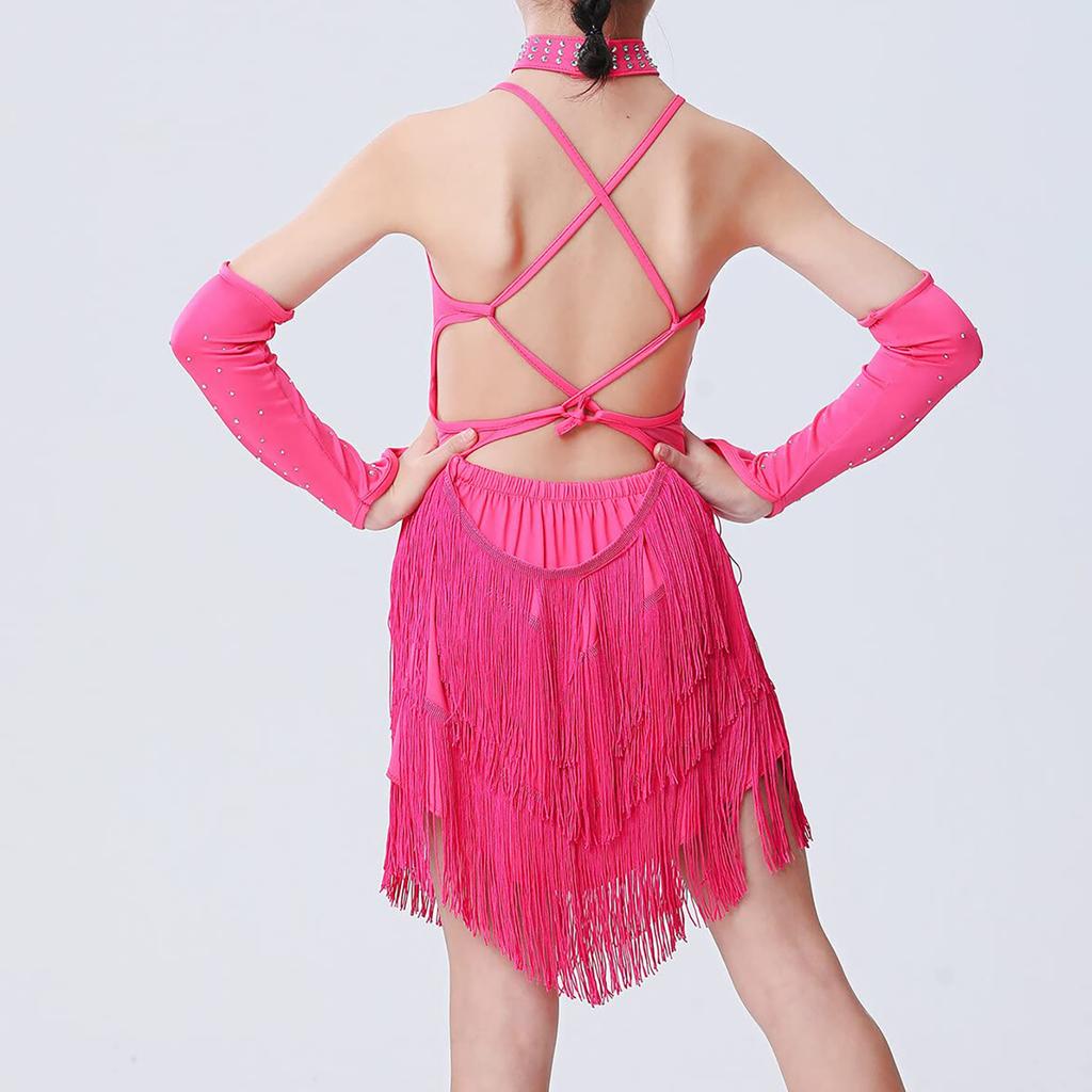 Vestido de Danza Latina para Niñas Niños Diamantes Brillantes Halter Sin Mangas Borlas Vestido de Baile Samba Rumba Jazz Cha Cha Disfraz de Baile
