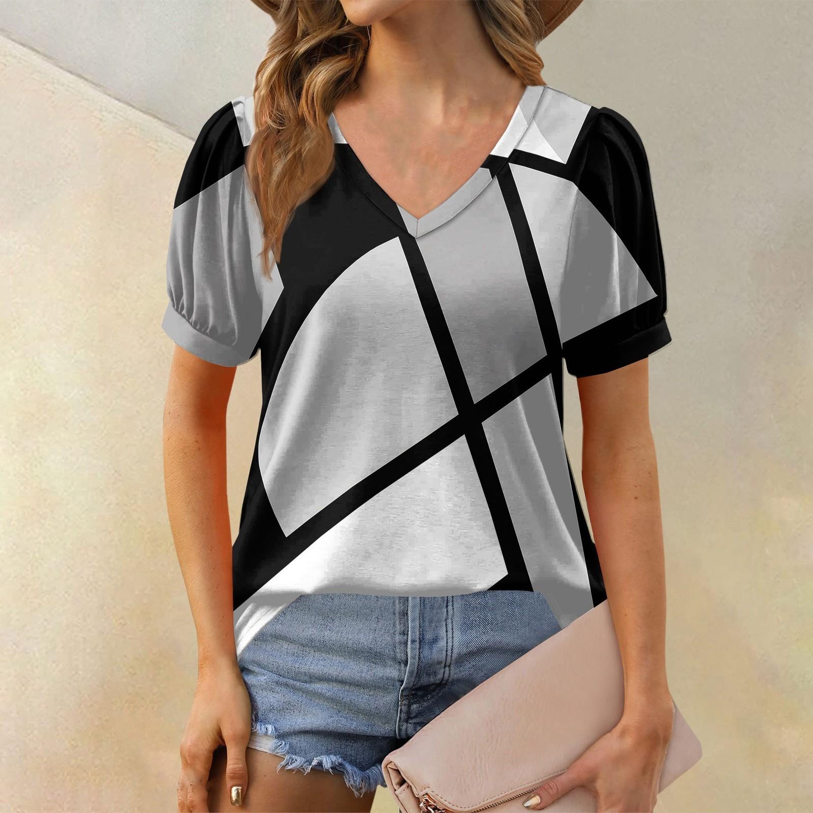 

Женская модная футболка с коротким рукавом и V-образным вырезом, с принтом в стиле пэчворк, с цветными блоками, свободная повседневная футболка XXXL