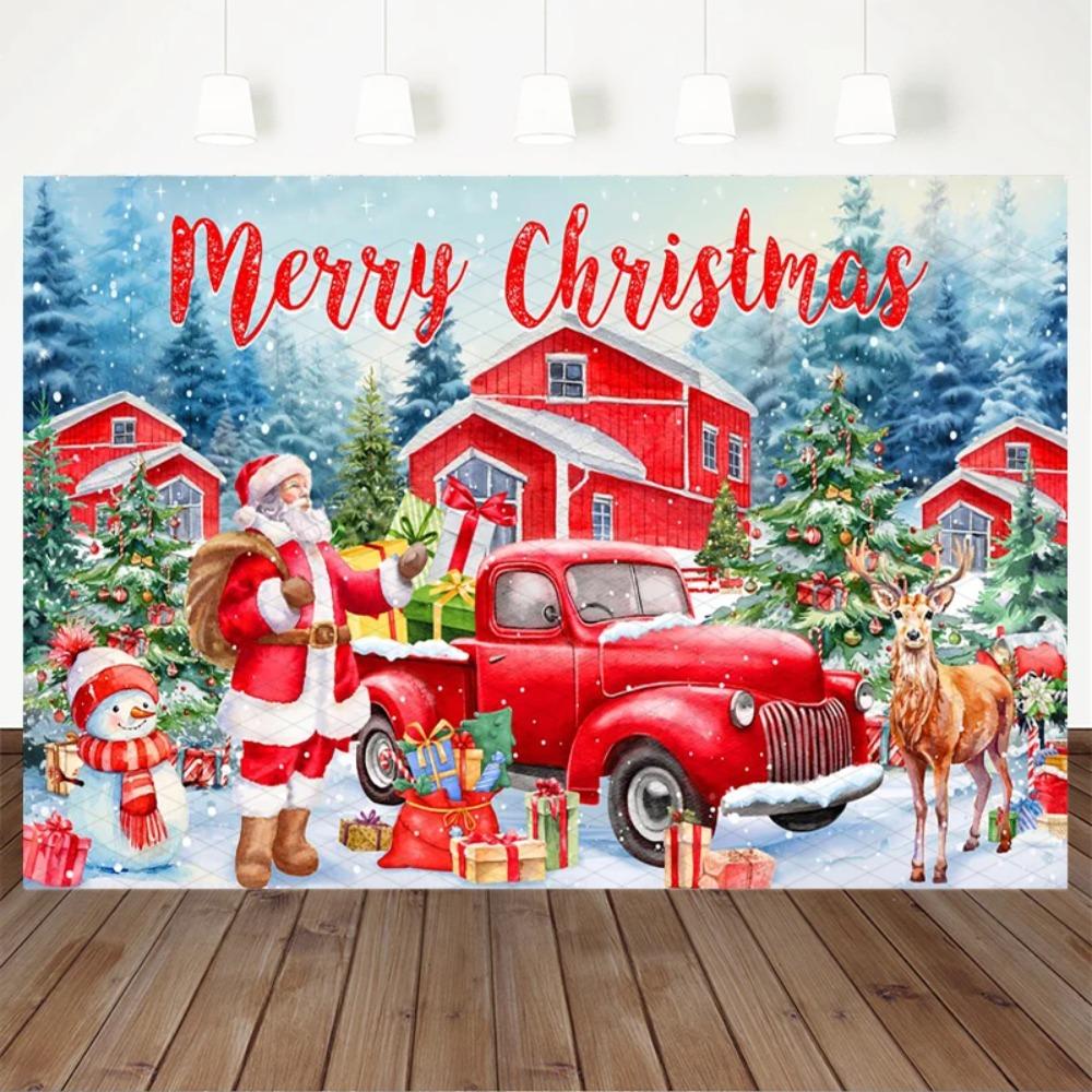 Christmas Red Truck Snowman Reindeer Barn Theme Banner Backdrop Children's Birthday Party Decoration Photography Backdrop Cloth