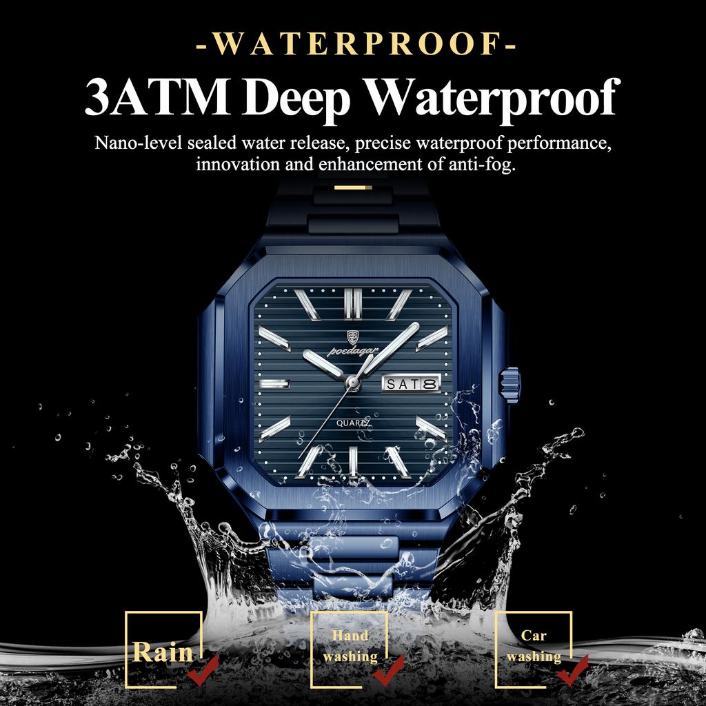 Top Luxury Brand Male Watch Waterproof Luminous Date Week Quartz Men's Watches Stainless Steel Fashion Square Men Watch
