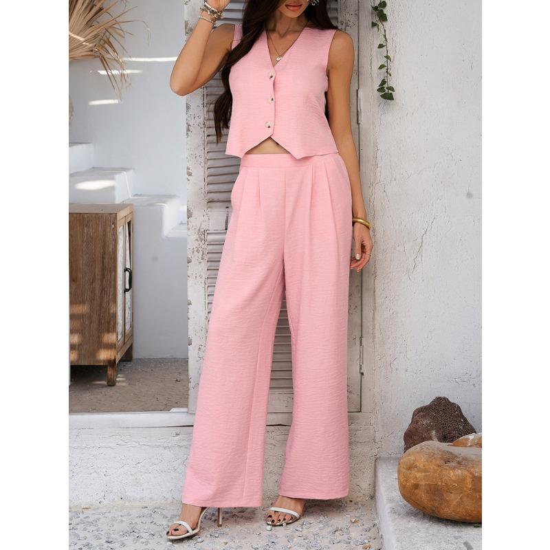 Casual Vacation Solid Color Vest Wide-leg Trousers Set