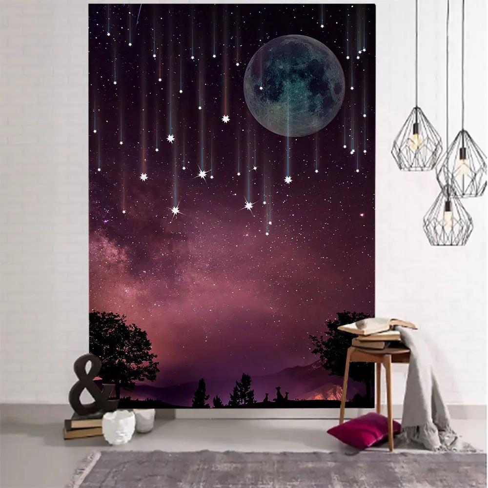 Mystery Starry Sky Tapestry Hippie Wall Hanging Forest Tree Jungle Moon Tapestrie Room Decor Aesthetic for Living Room Bedroom