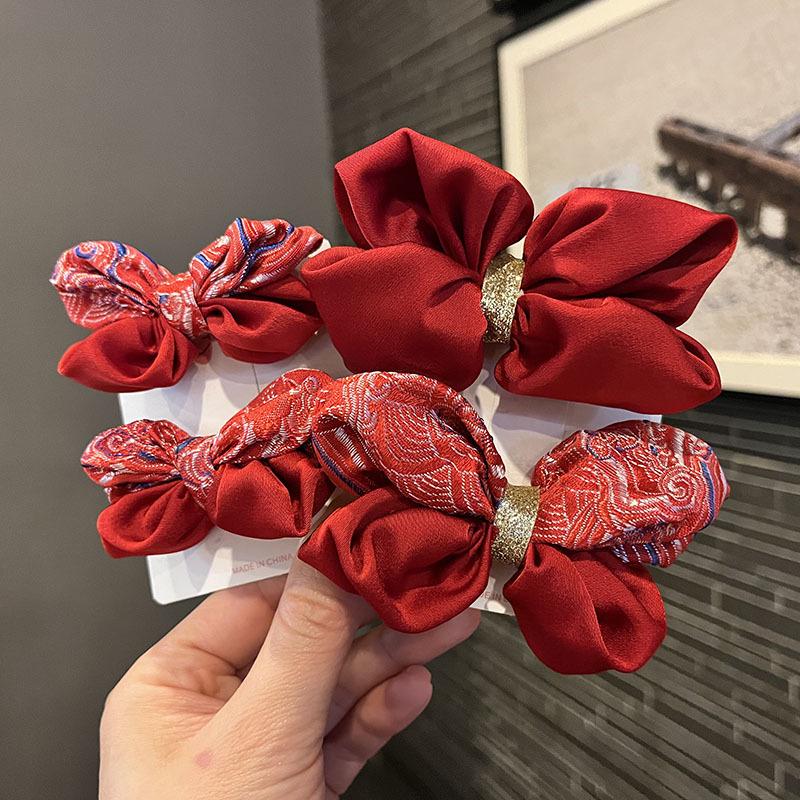 Children's Chinese New Year Red Embroidered Bow Hair Clip & Ties for Hanfu Style
