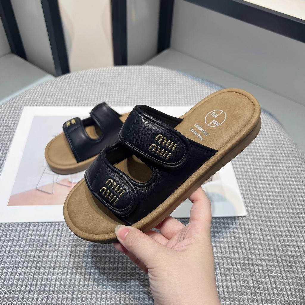 Thick-soled Letter Velcro One-word Cool Slippers Women's 2025 New Comfortable and Lightweight Beach Slippers