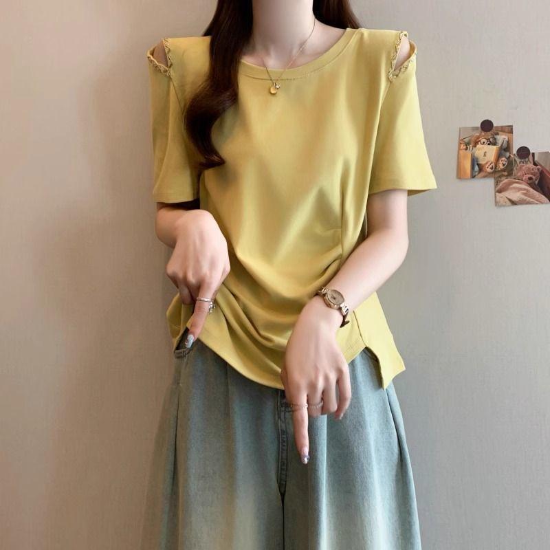 Plus Size One-Shoulder Beaded Hollow-Out Short-Sleeve T-Shirt, Summer Slimming Loose Fit