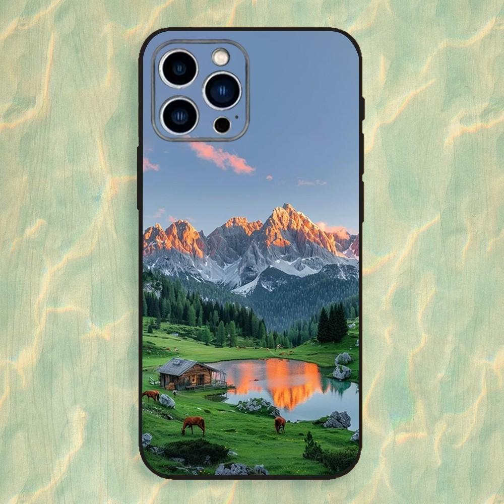 Mountains landscape Travel Phone Case For iPhone 16,15,14,13,12,11 Plus,Pro Max,XS,X,XR,SE,Mini,8,7,Soft Silicone Black Cover