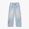 Damen Jeans mit hohem Bund und weitem Bein Lockerer Schnitt Sakura Knight Stickerei Helles Denim Hosen Amerikanischer Vintage Streetwear Lässige Lange Hosen