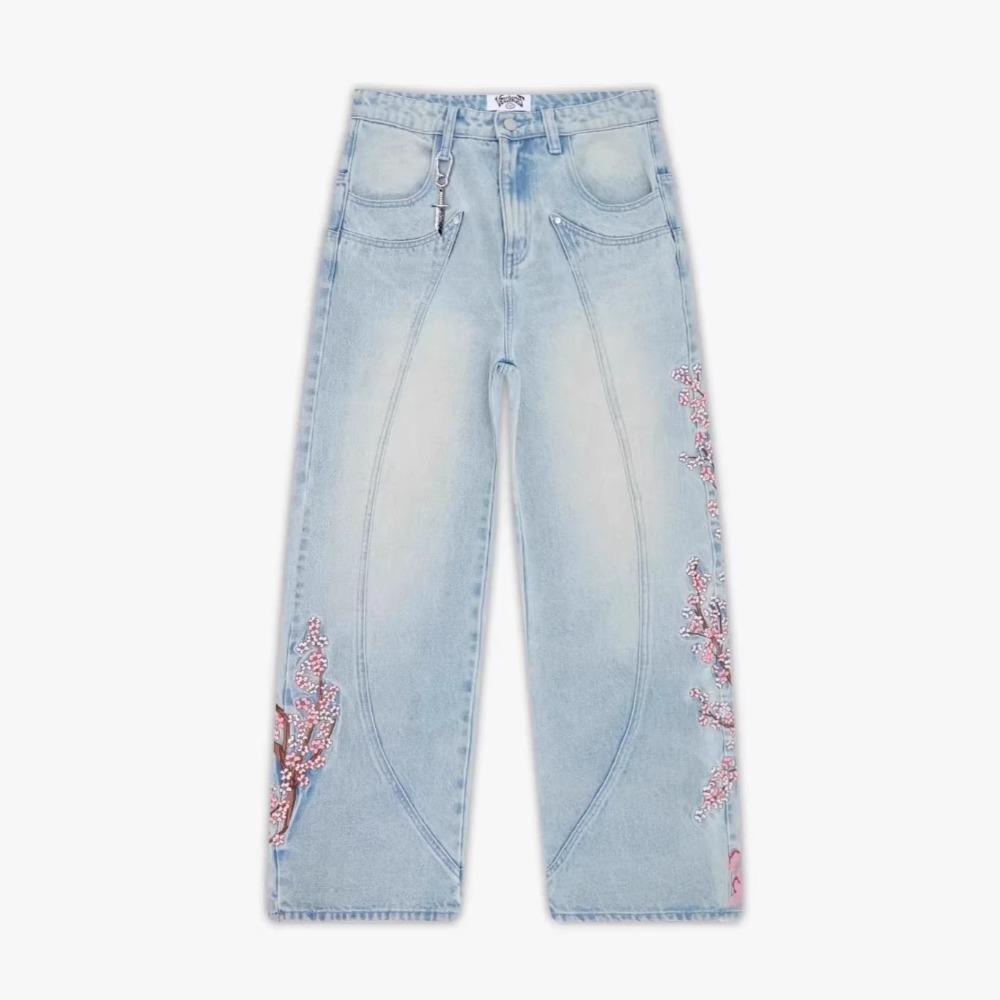 Damen Jeans mit hohem Bund und weitem Bein Lockerer Schnitt Sakura Knight Stickerei Helles Denim Hosen Amerikanischer Vintage Streetwear Lässige Lange Hosen