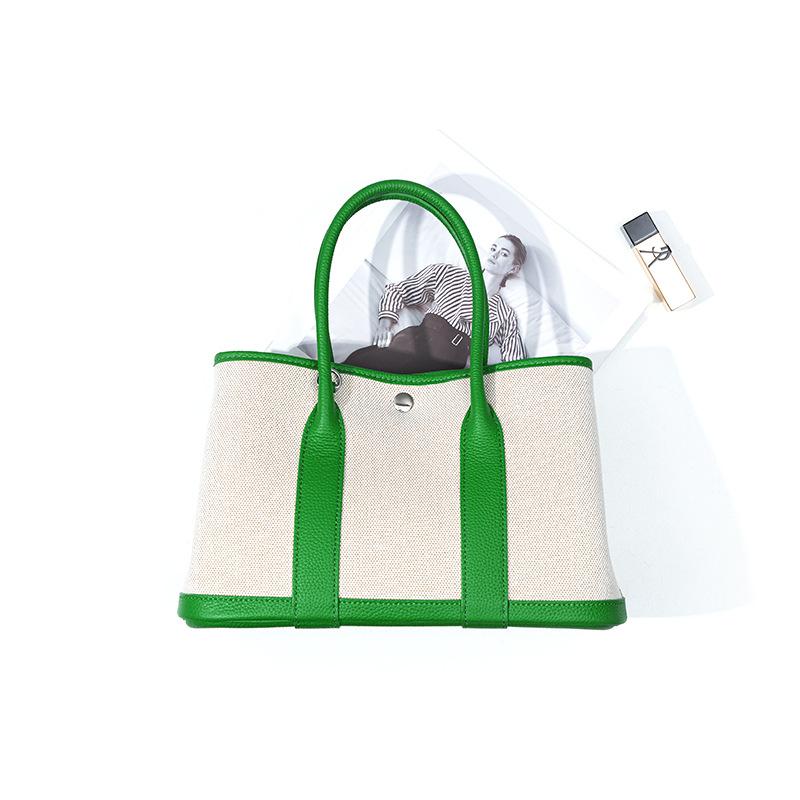 Niche high-end women's leather handbag, first-layer cowhide large-capacity canvas contrasting color garden tote bag