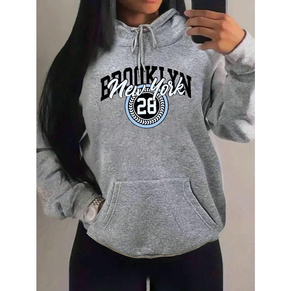 Brooklyn New York Art Letter Number 28 Design Women Hoody Autumn Casual Loose Hoodie Fleece Pocket Streetwear