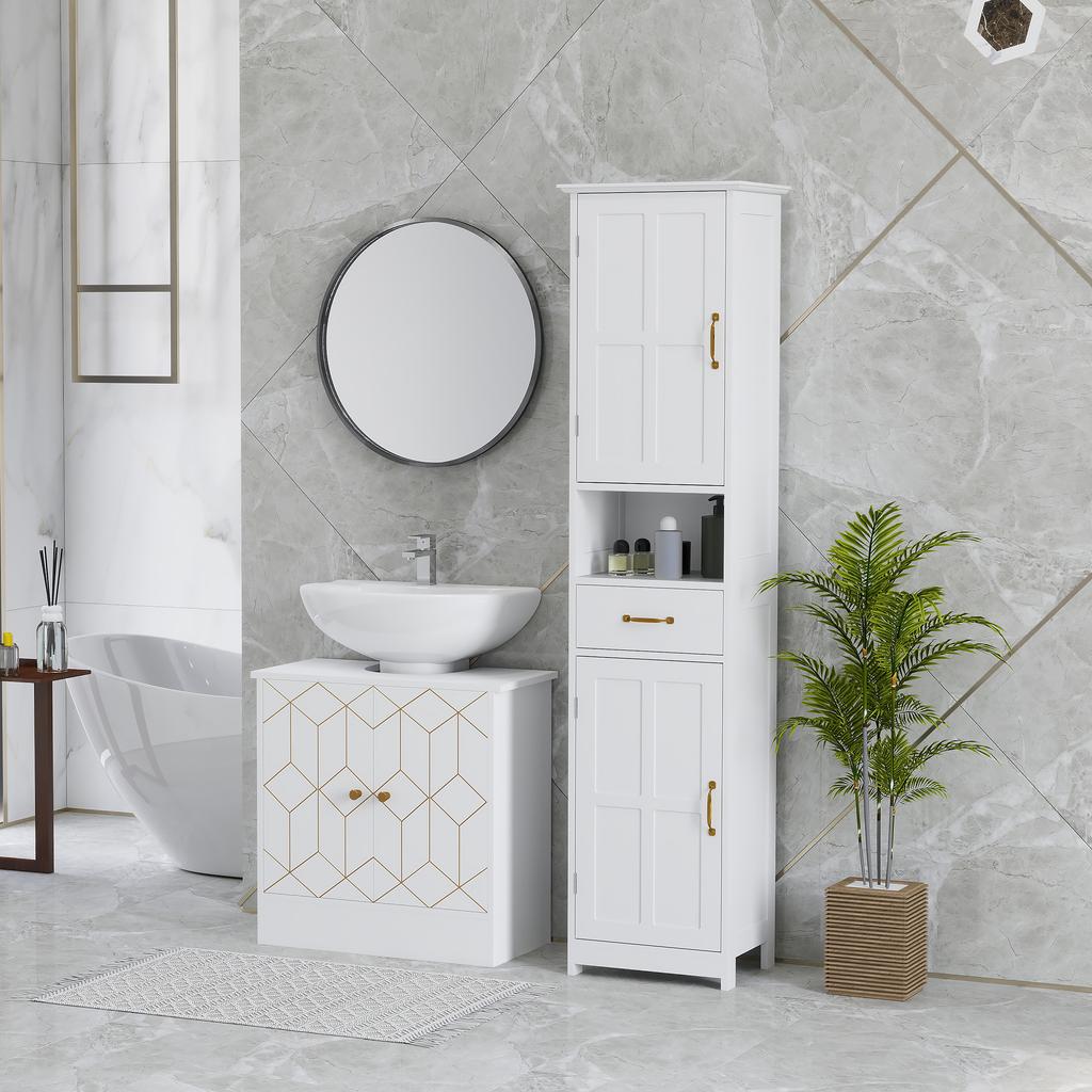 Under Sink Bathroom Cabinet, Under Sink Cabinet with Adjustable Shelf and Open Compartment for Basin with or without Pedestal, 60 x 30 x 60cm, White