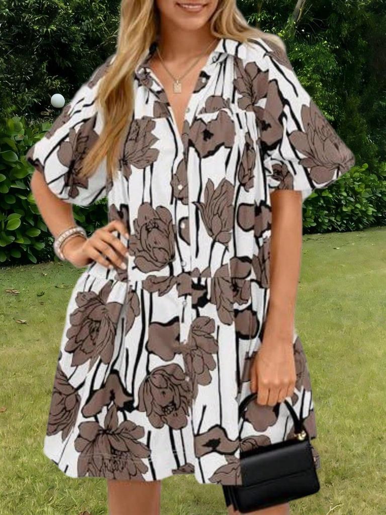 Womens Floral Button Down Shirt Dress Puff Sleeve Loose Fit Summer Mini Dress
