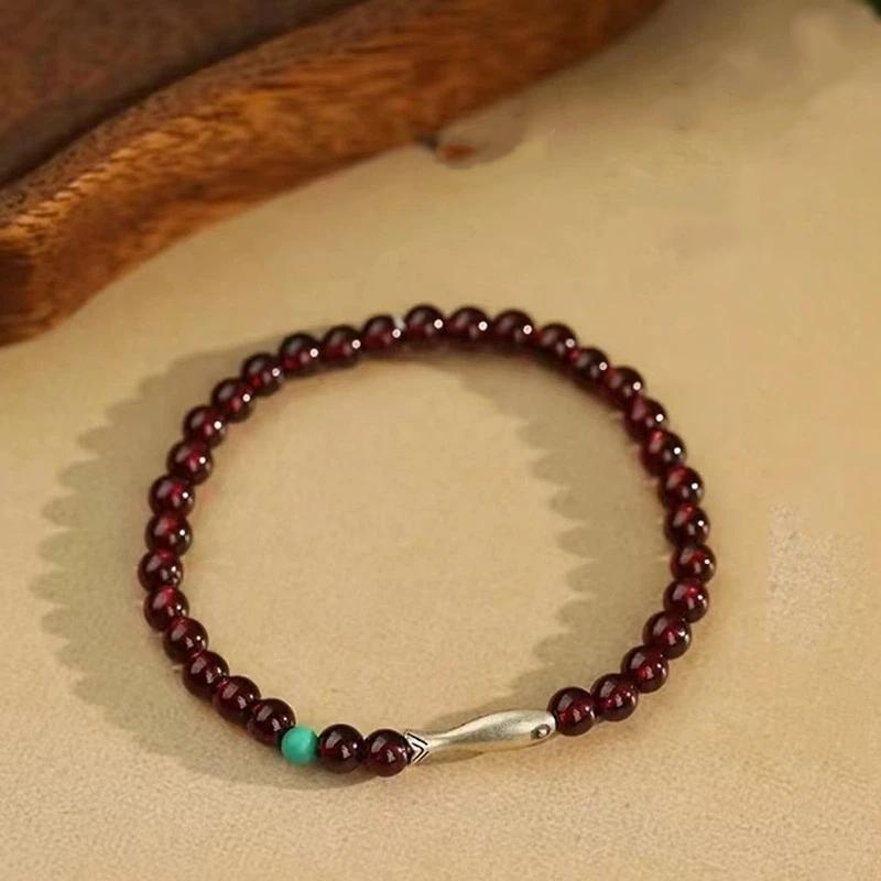 Women Chinese Style Beaded Bracelet Imitation Garnet Jewelry Handmade Red Stone Gift for Daily Accessory