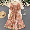 Women's Chic Sweet Slim Square Neck Bubble Sleeve Floral Dress Super Fairy Temperament A-line Dress
