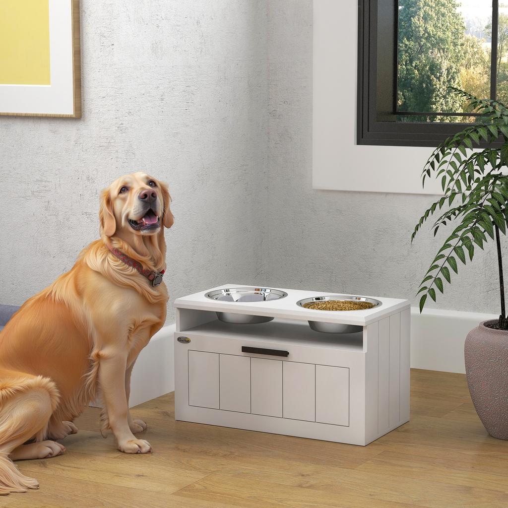 Raised Dog Bowl with Slow Feeder, Two Stainless Steel Dog Bowls, Drawer, for Large and Extra Large Dogs, White