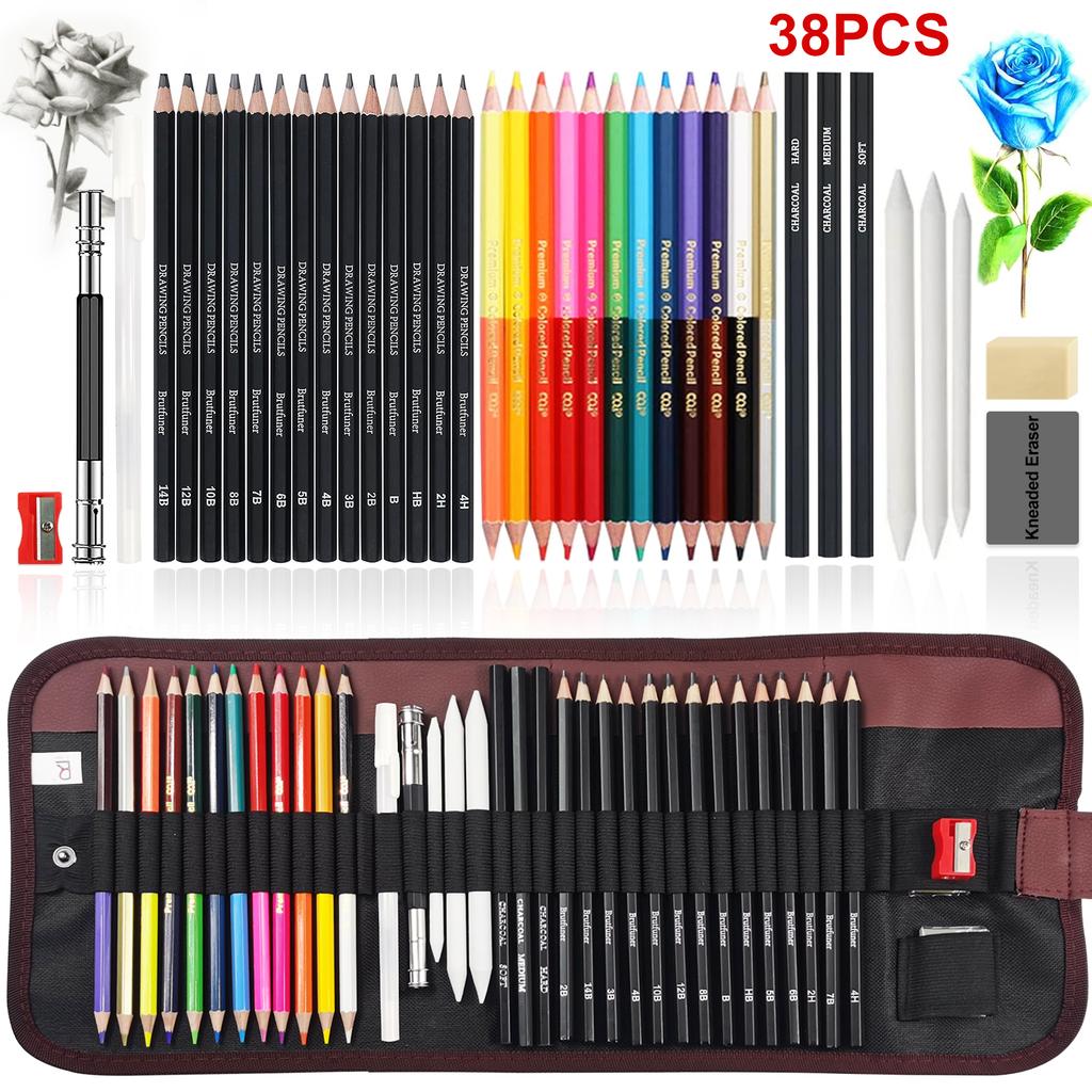 20/38/42/48 Pcs Sketch Pencil Set Sketching Kit Roll Up Canvas Wrap Bag Drawing Art Supplies Charcoals Kneaded Eraser PencilCase