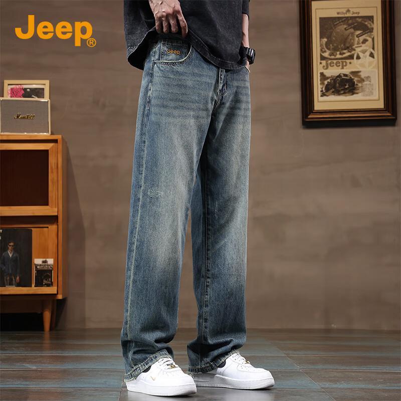 Jeep Men's American Retro Washed Loose Straight-Leg Jeans