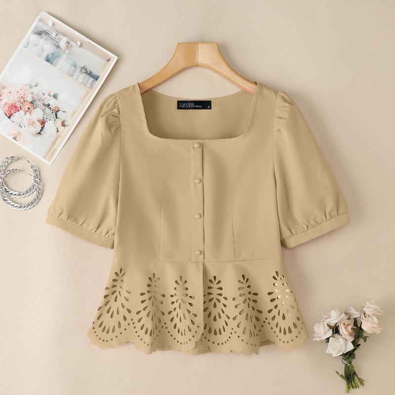 

ZANZEA Womens Casual Hollow Design Loose Summer Short Sleeve Blouse 4XL хаки