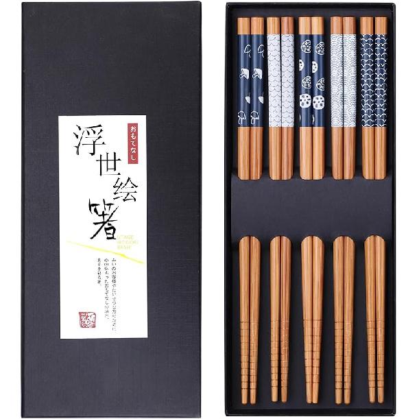 Antner 5 Pairs Hardwood Chopsticks Reble Japanese Style Natural Wood Chop Stick Hand-Carved Chopstick Gift Set, 9 Inches