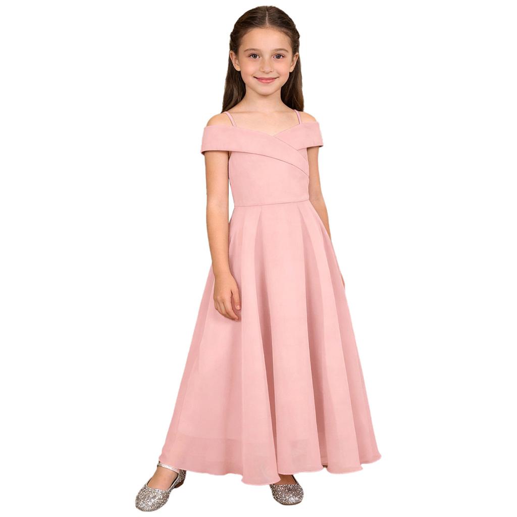 Girls Elegant Chiffon Party Dress Off the Shoulder Spaghetti Strap Adjustable A-Line Floor Length Gown