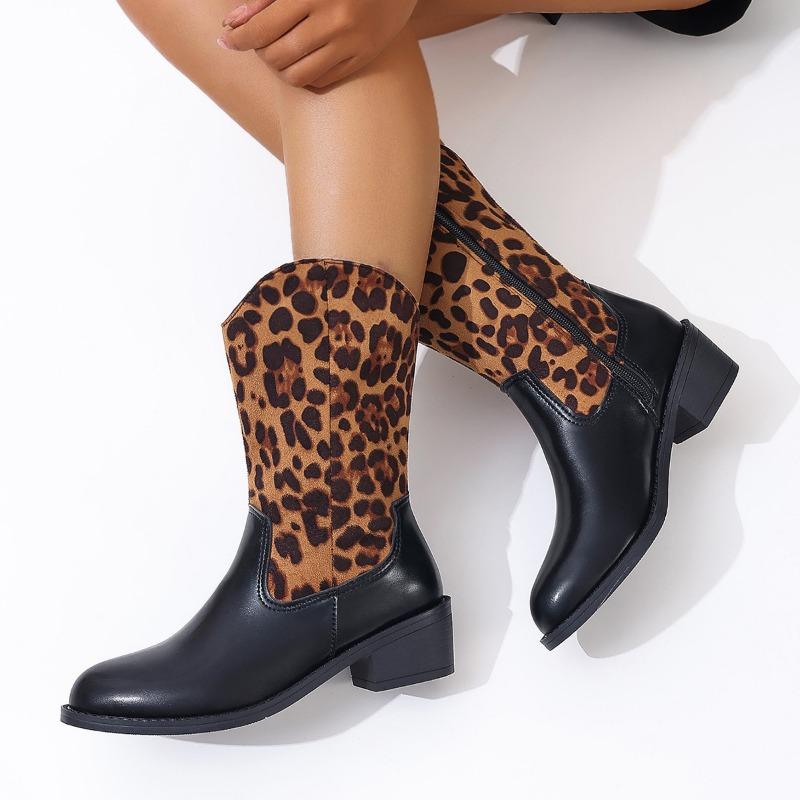 Women's High Heel Cowboy Boots Women's New Autumn and Winter Leather Boots Ethnic Style Middle Heel Pointed Middle Boots