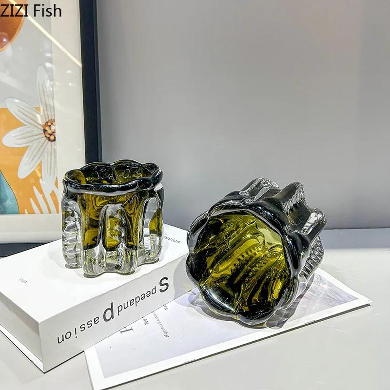 Forest Green Glass Vase Creative Wrinkled Flower Pots Desk Decoration Flowers Arrangement Floral Vases Room Aesthetic Decor