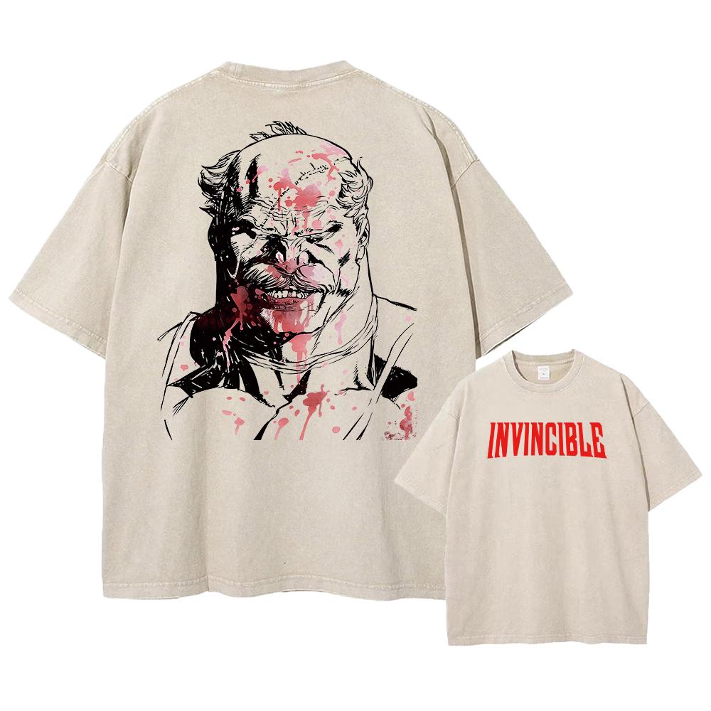 Anime Invincible Washed Tshirts Men Vintage Wash T Shirt Harajuku Oversize Cotton Tee Cotton Fashion Streetwear Top