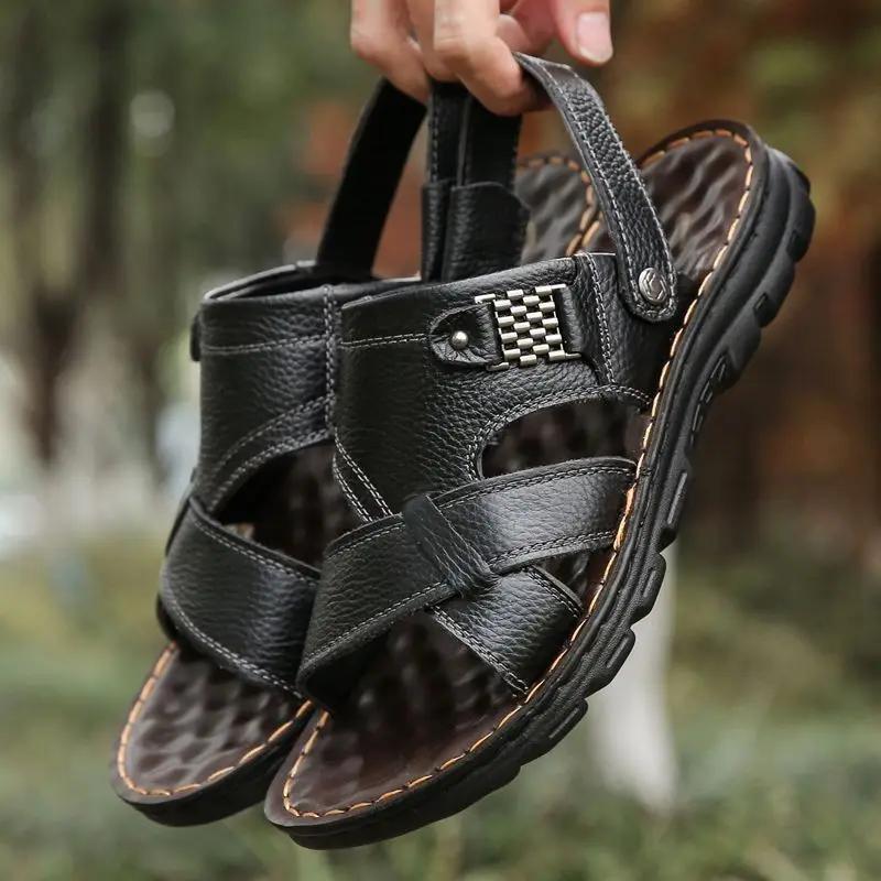 

Мужские летние кожаные сандалии 2025 года Нескользящие Толстая подошва Мягкие и удобные для пляжа и улицы 44 чёрный