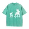 2026 Vintage Washed Grey Cat And Bird Drinking Tea Graphic T Shirt Retro Woodcut Art Print Oversized Casual Short Sleeve Tee
