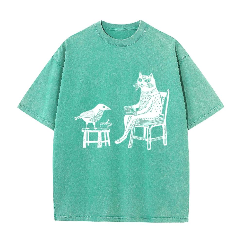 2026 Vintage Washed Grey Cat And Bird Drinking Tea Graphic T Shirt Retro Woodcut Art Print Oversized Casual Short Sleeve Tee