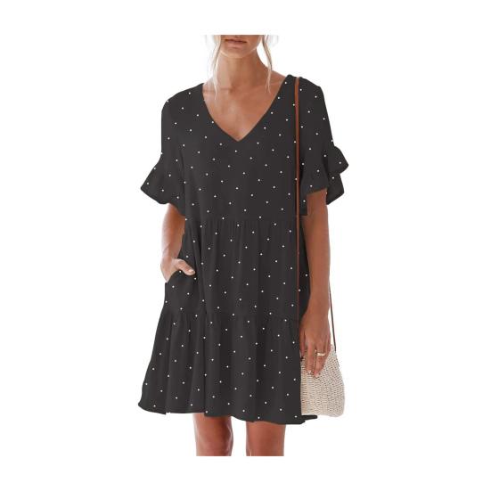 

Женское летнее миди-платье с цветочным принтом, повседневное, с V-образным вырезом, оборками, короткими рукавами, свободное платье, бохо, пляжное, для отпуска, сарафан S чёрный