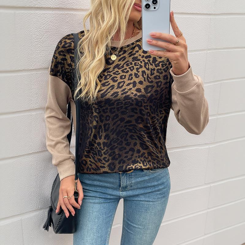 New Style Street Retro Trendy Long-sleeved Round Neck Leopard Print Sweatshirt Top for Women