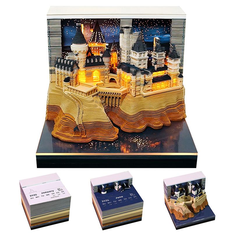 Time Piece Calendar 2026 Desk Calendar With Led Light 3D Tear-Away Calendar Paper Carving Art Memo Pad Notepad Gift Christmas