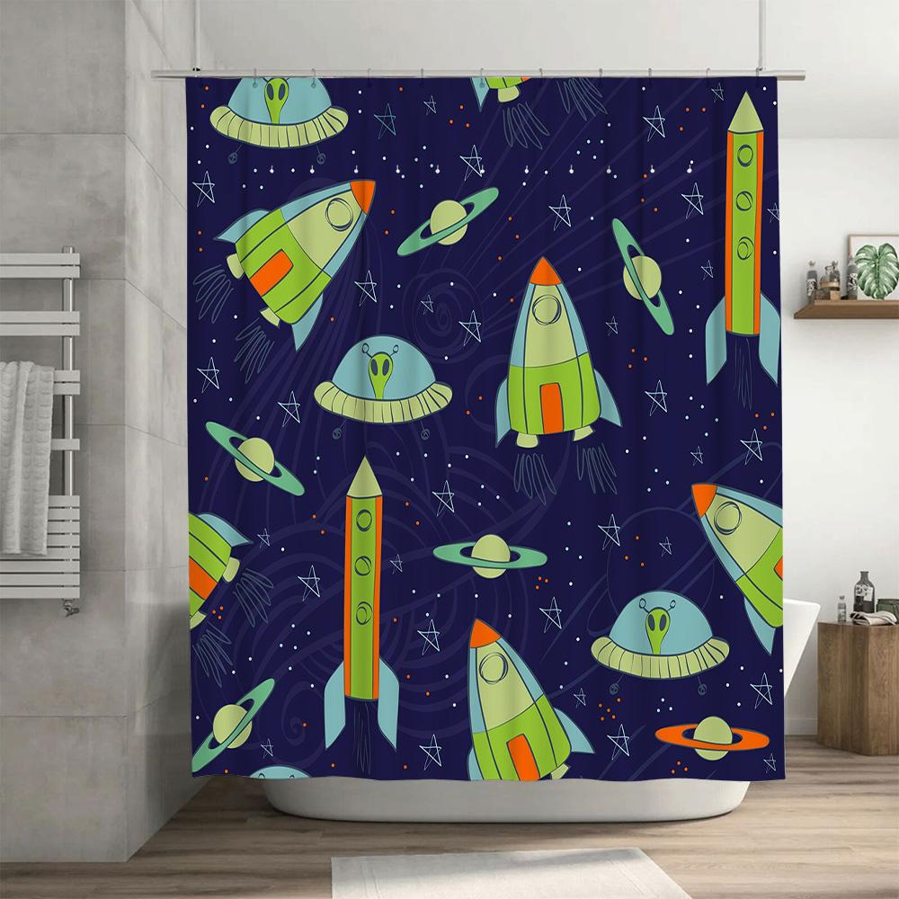 Intergalactic Rocketship Shower Curtain Kids Bathroom Decor Space Theme Pattern Blue Fabric Waterproof Washable Rectangular Size