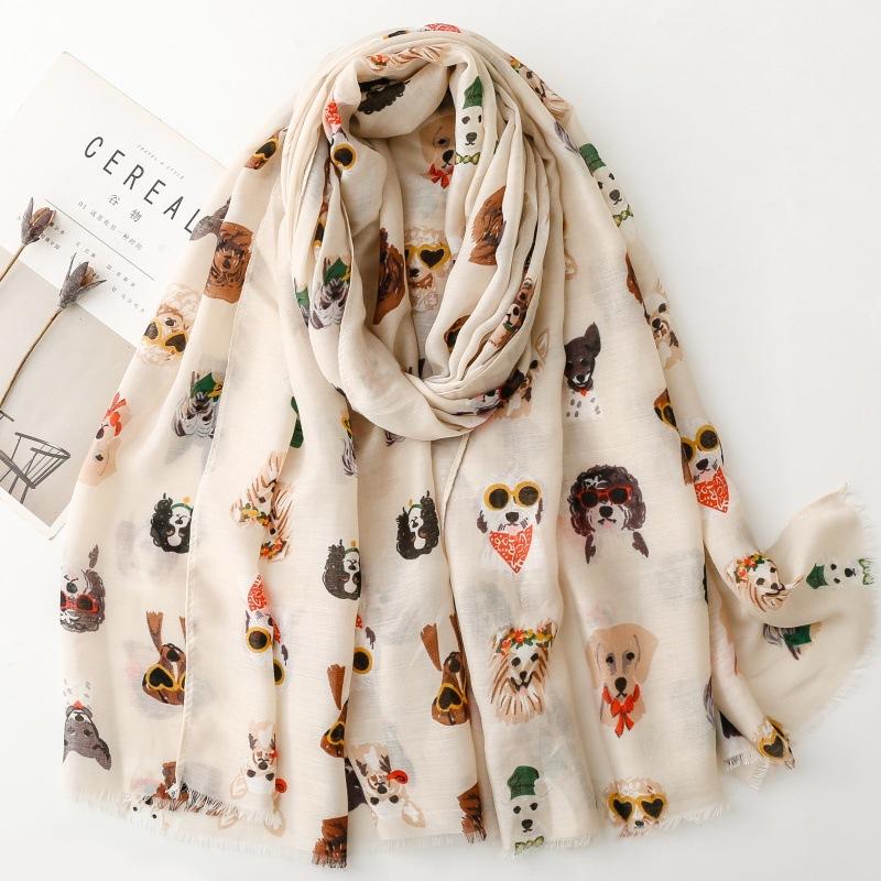 Luxury Women Viscose Scarf Summer Beach Shawl Dog Print Cotton Linen Feeling Animal Designer Tassel Muslim Hijab Wrap Turban