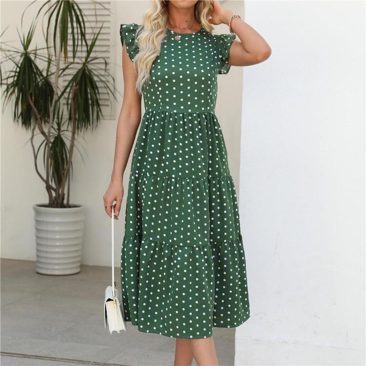 Summer Women Sleeveless Round Neck Ruffled Dot Print Long Dress Polka