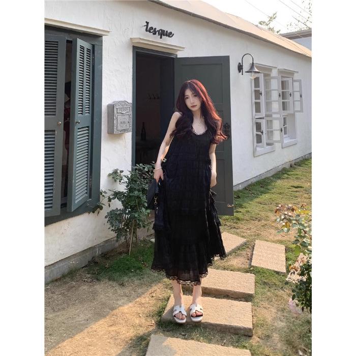 

(with lining) Lace lace suspender dress dress women s summer white cake dress medium and long A-shaped skirt XL чорний