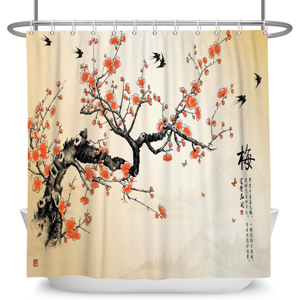 Chinese Style Plum Blossom Shower Curtain with Hooks Waterproof Polyester Bathroom Curtain Ink Painting for Home Decor 180x180cm