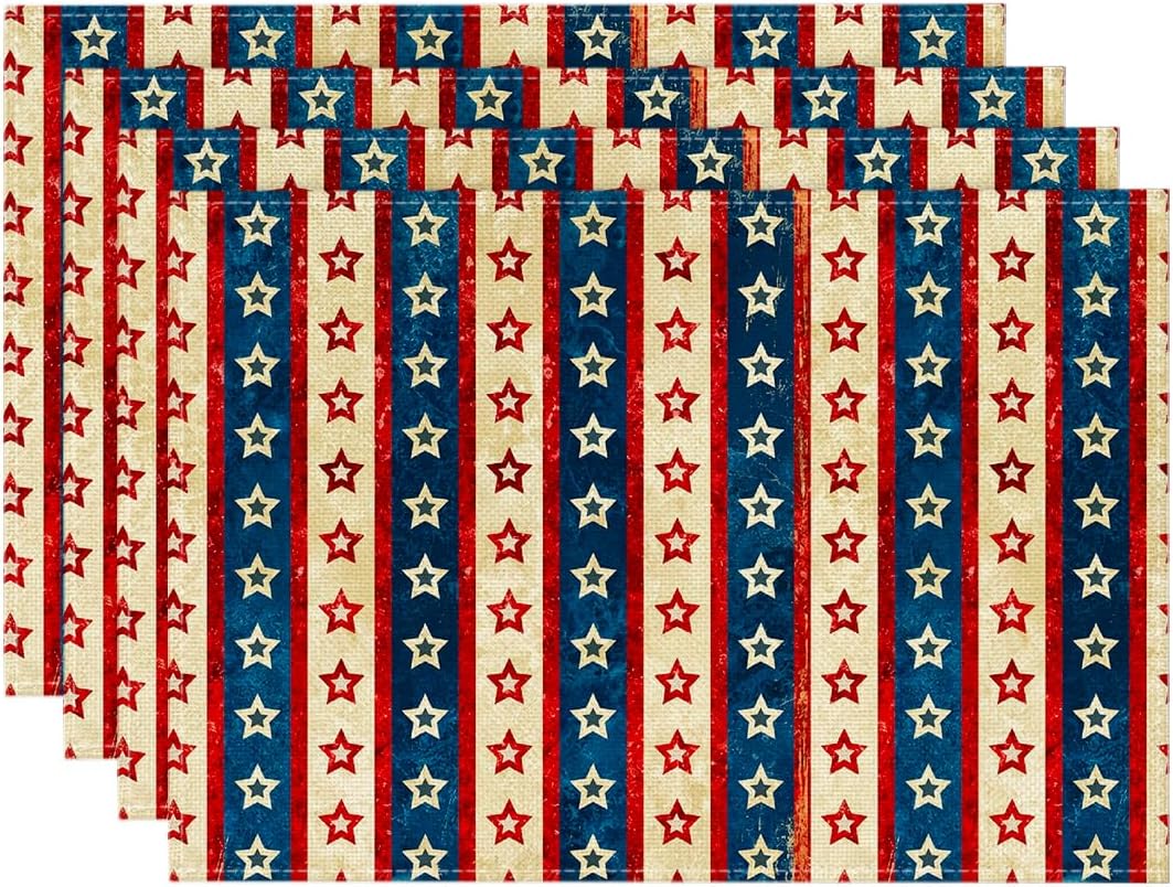 

Patriotic Stripes Stars 4th of July Placemats Set of 4, 12x18 Inch Patriotic Memorial Day Table Mats for Party Kitchen Dining Decoration 4pcs-12x18