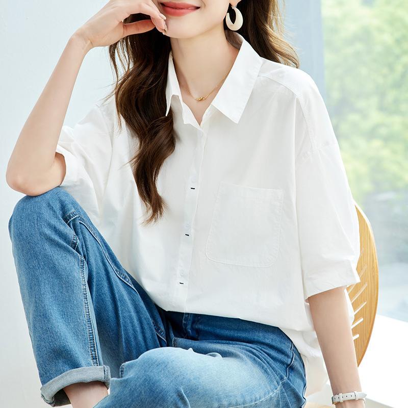 Pure Cotton White Shirt Short-sleeved Women's New Thin Commuting Korean Loose Large-size Chic Top for Women