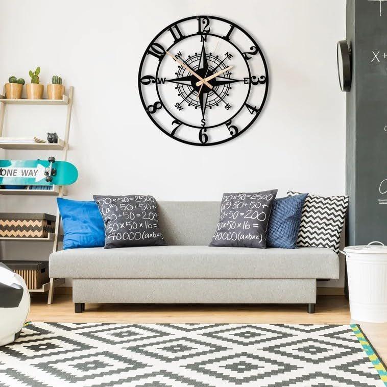 Large World Map Wall Clock, Metal Minimalist Modern Clock, Round Silent Non-Ticking Battery Operated Wall Clocks for Living Room/Home