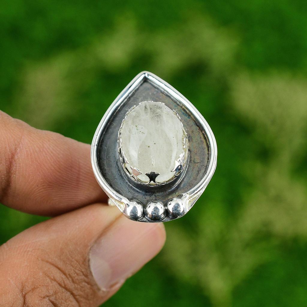 Anillo Solitario Ajustable de Piedra Lunar Natural Plata 925 para Mujer