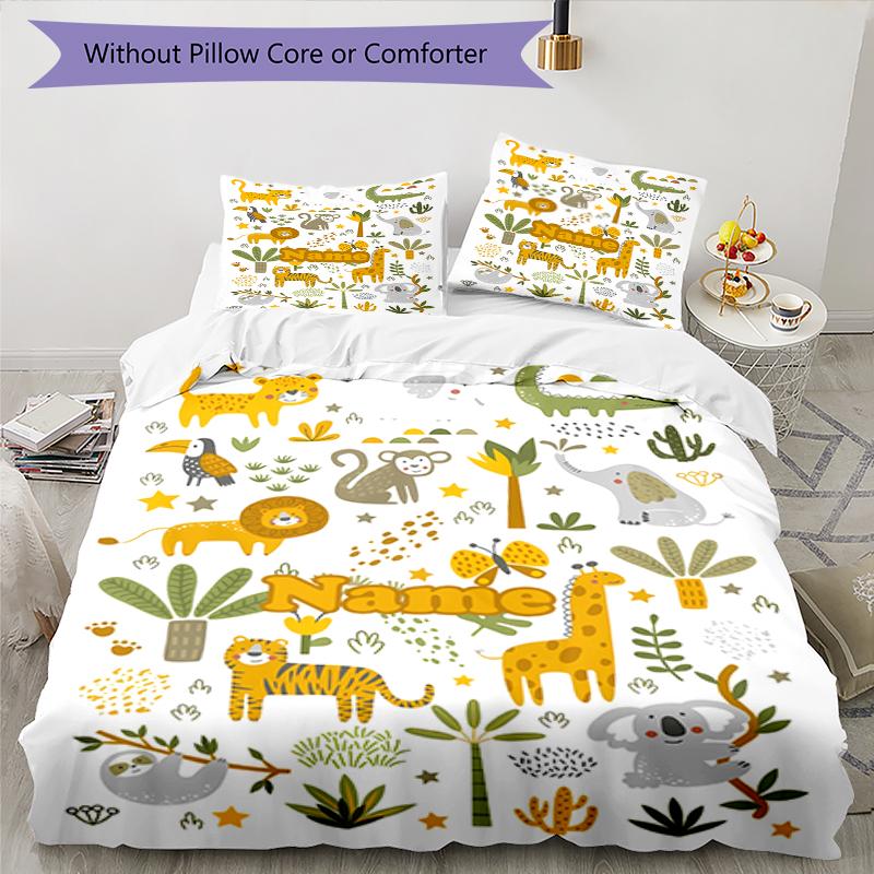 3pcs Custom Name Animals Bedding Set Duvet Cover Closure Includes 1 Duvet Cover & 2 Pillowcases, Soft and Comfortable for All Seasons.